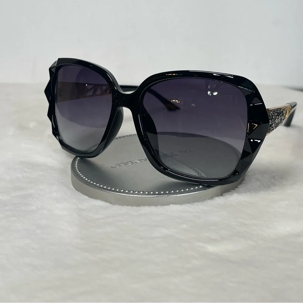 Black & Gold Oversized Square Sunglasses Polarized Tinted w Crystal Frames Nwt